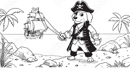 Pirate dog with sword on tropical island with ship puppy animal