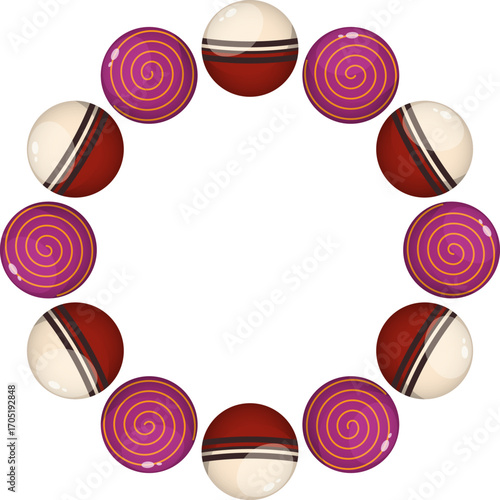 Halloween lollipop stripes and spiral pattern circular frame. Spooky glossy candy border design. Creepy sweet treat illustration