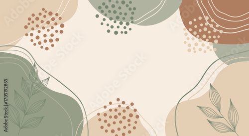 Abstract Beige, Green, and Brown Organic Shapes with Dotted and Line Details.