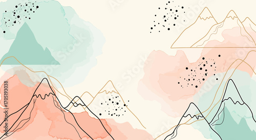 Abstract Watercolor Mountain Range with Delicate Line Art and Splashes.