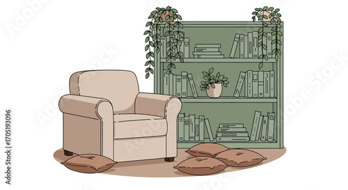 Cozy Beige Armchair with Pillows and Bookshelf in a Relaxing Interior Illustration.