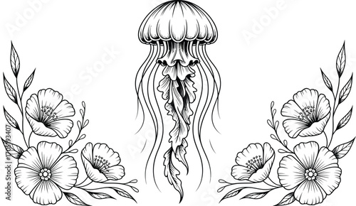 Black and white illustration of jellyfish and flowers