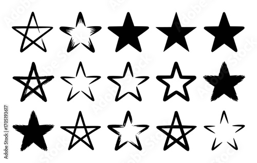 Collection of Hand-Drawn and Solid Black Stars on White Background