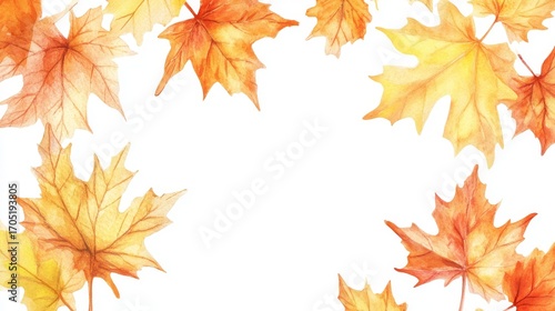 58.A collection of watercolor-painted autumn foliage, with yellow and orange maple leaves forming a border. The soft, translucent strokes of the watercolor allow the vibrant colors of the leaves to