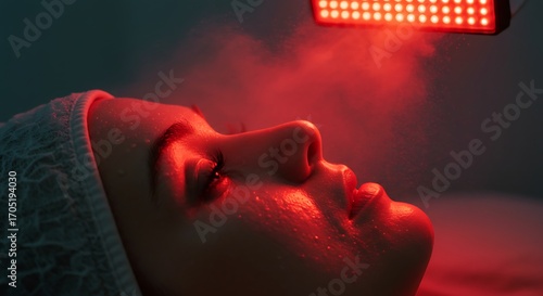 Woman receiving red light therapy facial treatment, illuminated by a device emitting a red glow and steam.