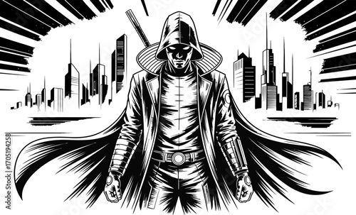 Hooded figure with sword in front of black and white cityscape
