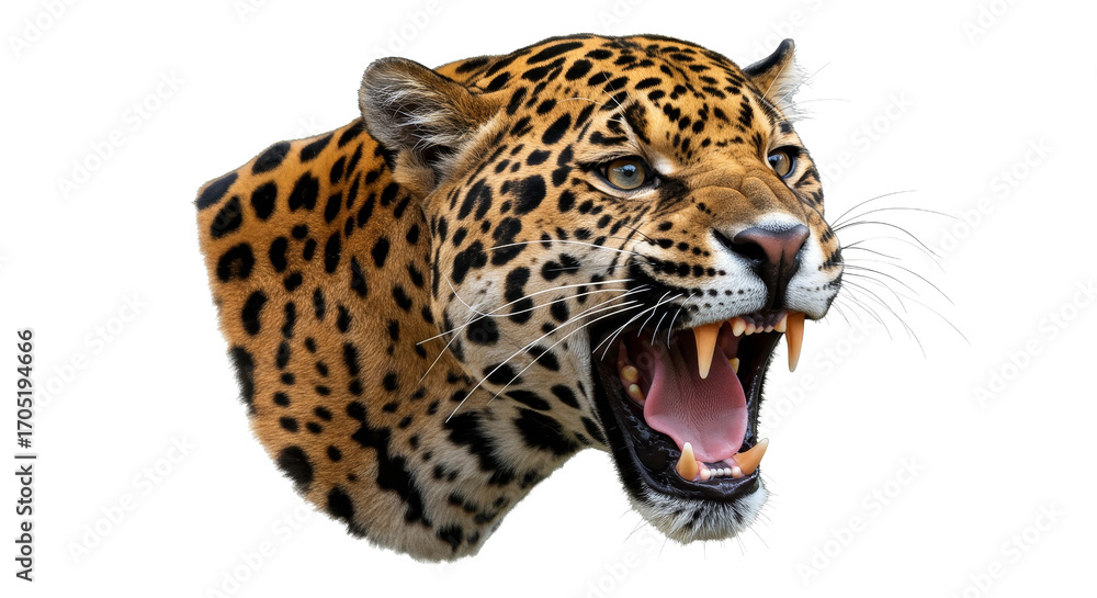 Obraz premium Roaring Leopard Head Isolated on White Background Closeup