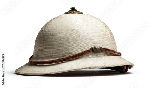 Off-white pith helmet, worn, with brown leather chinstrap and brass embellishments, isolated on white background