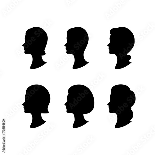 Silhouettes of women faces with diverse hairstyles on a white background