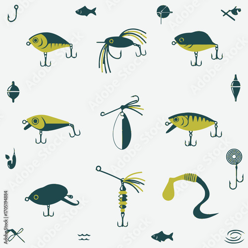 Assorted Fishing Lures and Tackle in Olive Green and Yellow Illustration.