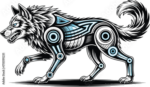 Stylized wolf with tribal and mechanical elements animal