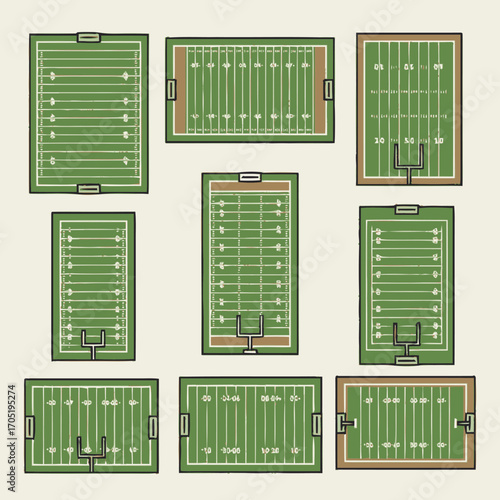 Collection of American Football Field Illustrations with Yard Lines and Goalposts.