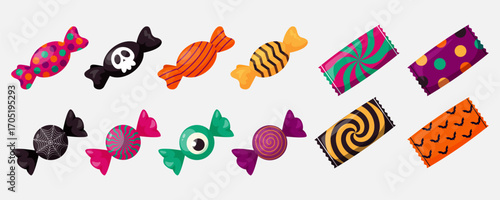 Halloween candy in wrappers spooky cartoon vector set