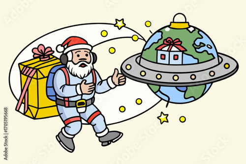 Astronaut santa claus delivering presents from a flying saucer shaped like earth with a house on it
