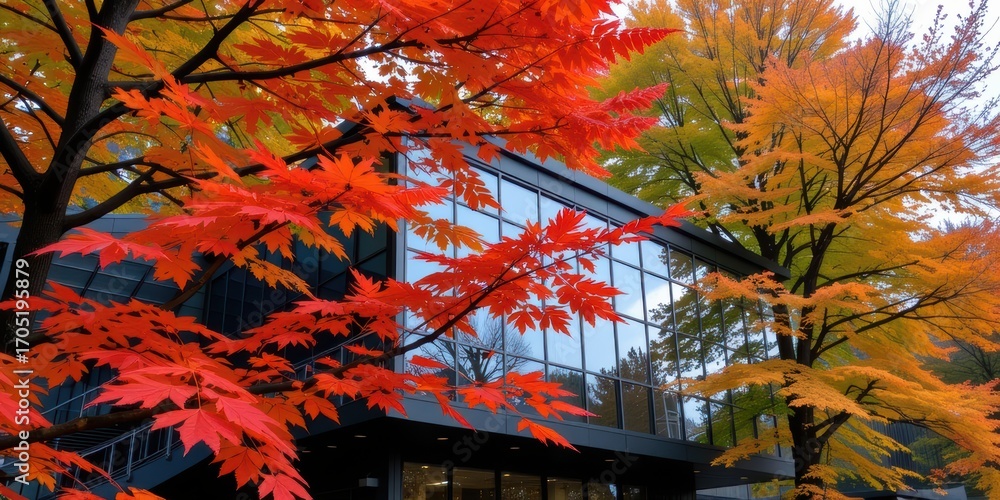 Fototapeta premium Vibrant autumn leaves surround a modern building with large windows.
