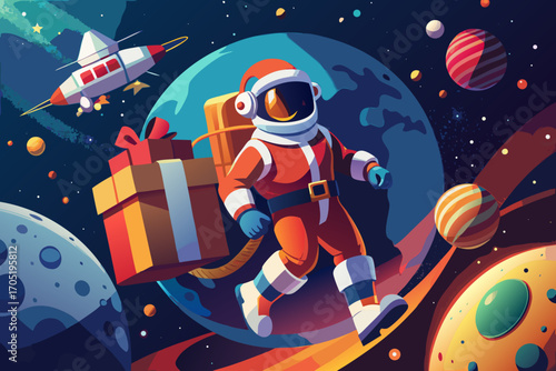 Astronaut dressed as santa claus in a spacesuit carrying a large gift box through outer space with planets and a rocket ship