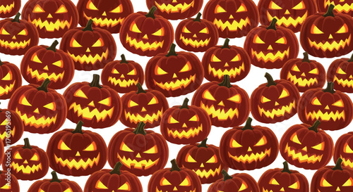Spooky jackolantern pattern with glowing faces, perfect for halloween backgrounds, wrapping paper, or festive designs