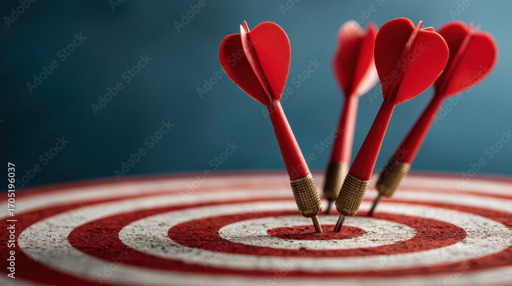 Fototapeta premium Red dart in target center with heart flights, focused aim