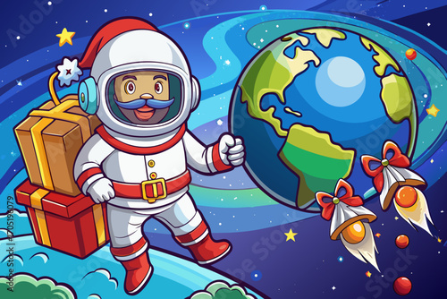 Joyful astronaut dressed as santa claus with gifts and rockets flies near earth in outer space with stars and aurora
