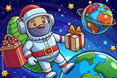 Joyful astronaut dressed as santa claus floats in space holding a gift surrounded by planets and stars