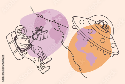 Astronaut delivering a gift in space with a ufo and planets in the background conceptual illustration