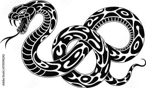 Black tribal snake coiled with fangs bared white