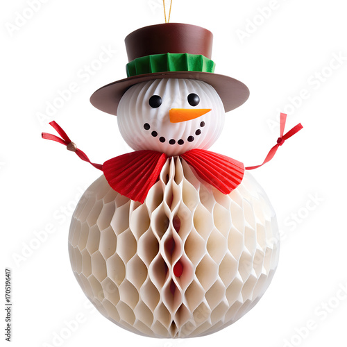 A whimsical paper snowman christmas ornament, with a honeycomb body, top hat, carrot nose, and red scarf, isolated on a bright transparent background