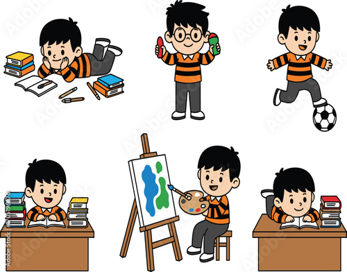 Boy daily routine cartoon, healthy habits illustration, reading, painting, soccer, brushing teeth, eating vegetables, educational character set