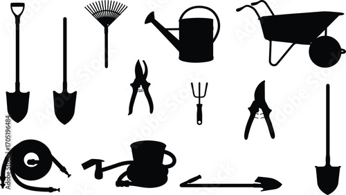 Black silhouette vector illustration of essential garden tools including shovels, pruning shears, rake, wheelbarrows, watering cans, garden hose, and rubber boots set.