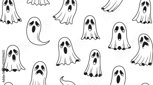 Seamless pattern of spooky ghosts halloween vector illustration with scary spirit, phantom, specter, spook for wrapping paper