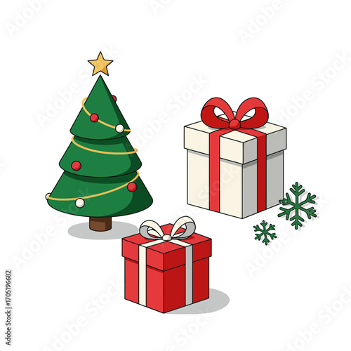 Festive Christmas scene featuring a decorated tree, gift boxes, and snowflakes against a white background, creating a holiday ambiance