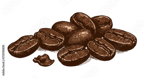Roasted coffee beans closeup detailed view.