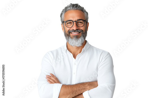 Smiling man with glasses and a beard, wearing a white shirt, arms crossed, isolated on a white background.