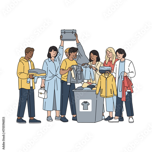 Group of diverse people donating clothes to charity concept of community support and giving back to those in need