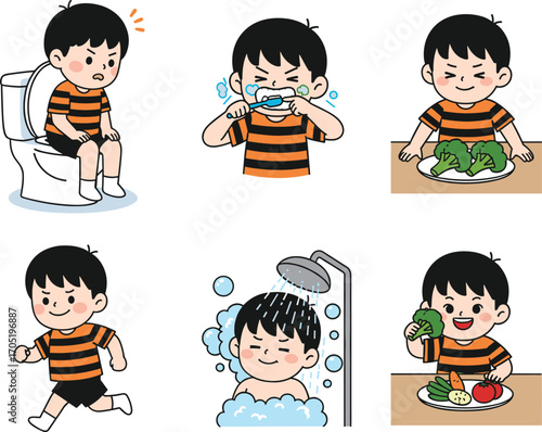 Boy daily routine cartoon, hygiene and nutrition illustration, healthy habits character set, bathroom, shower, vegetables, exercise, educational vector
