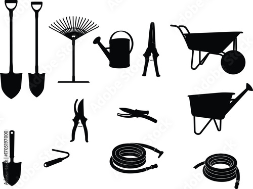 Black silhouette vector of essential gardening tools including shovels, rakes, watering cans, gardening gloves, boots, and hand tools for garden care.