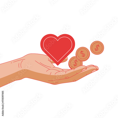Hand offering a heart and money coins symbolizing charity, donation, and support with love and financial help