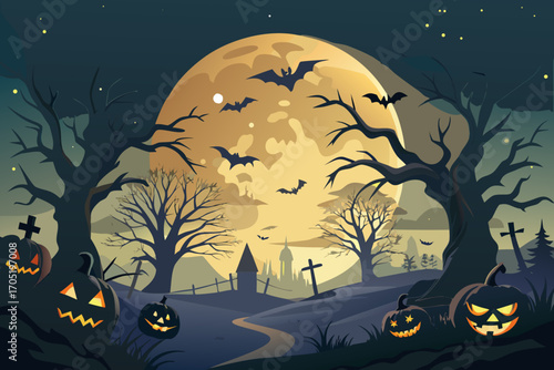 Spooky halloween night with pumpkins, bats, and a full moon in the background