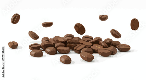 Roasted coffee beans falling on white background.