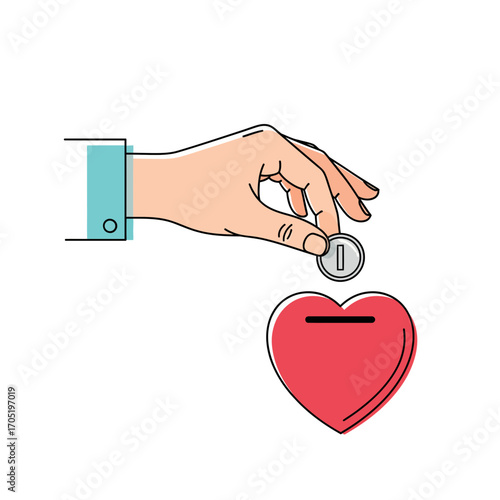 Hand donating coin into heart shaped donation box symbolizing love, charity, and financial support for a good cause vector illustration