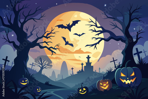 Halloween night scene with pumpkins, bats, and a full moon in the background