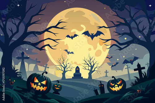 Halloween night scene with pumpkins, bats, and a full moon in the sky