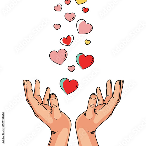 Hands reaching up to catch falling hearts in a colorful display of love and affection, symbolizing giving and receiving