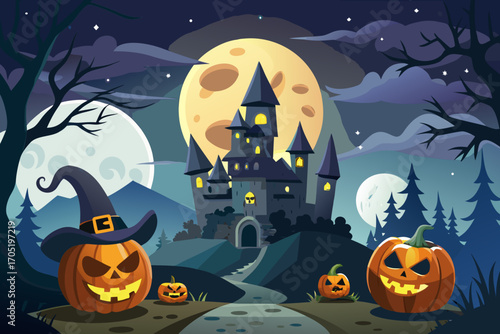 Halloween night with castle, full moon, pumpkins and witch hat