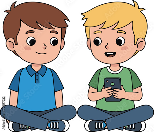 Boys sitting cross-legged cartoon, smartphone sharing scene, friendly interaction illustration, youth lifestyle vector, casual tech moment, social behavior