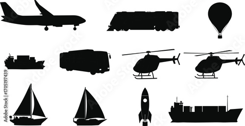 Black silhouette vector set of various transportation modes including airplanes, buses, helicopters, sailboats, rockets, cargo ships, and hot air balloons on white background.