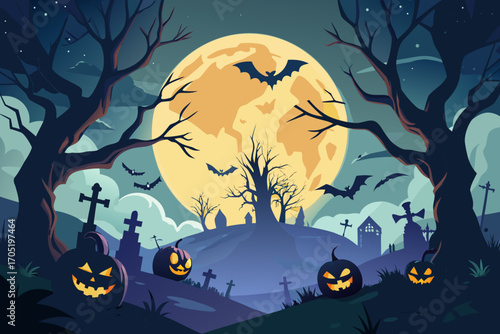 Spooky halloween night with pumpkins, bats, graves and a full moon