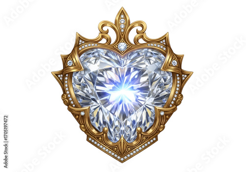 A heart-shaped diamond, intricately framed in ornate gold, radiates brilliance against a black background.