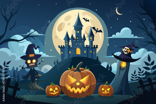 Halloween night scene featuring a spooky castle, pumpkins, and bats flying