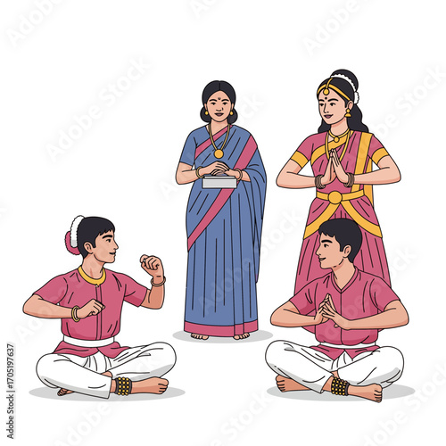 Indian classical dance performance illustration featuring dancers and teacher in traditional attire engaging in cultural expressions